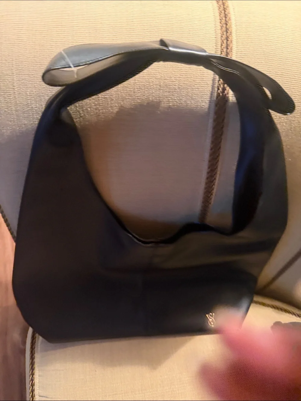 Victoria Secret Black Leather Shoulder Hobo with VS Monogram & Bow on  Shoulder